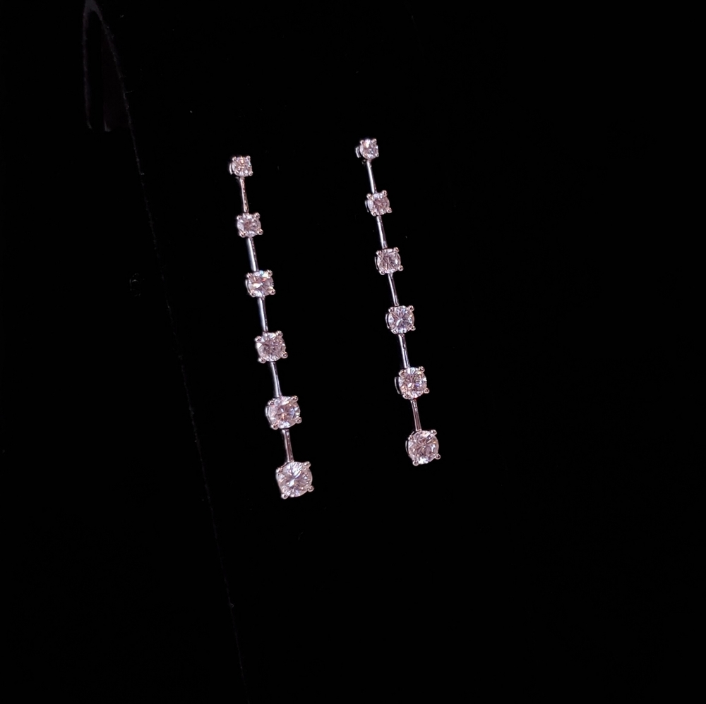 Pretty CZ Dangle Long Earrings Silver Tone Shiny